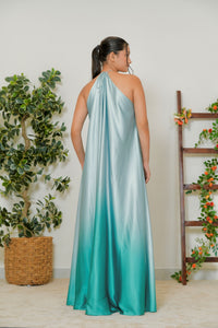 Mint to teal ombré satin halter gown - back view showing open back detail