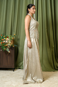 Sage silver co-ord set - back view showing open halter back