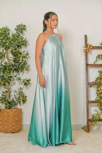 Mint to teal ombré satin maxi gown - side view showing A-line silhouette