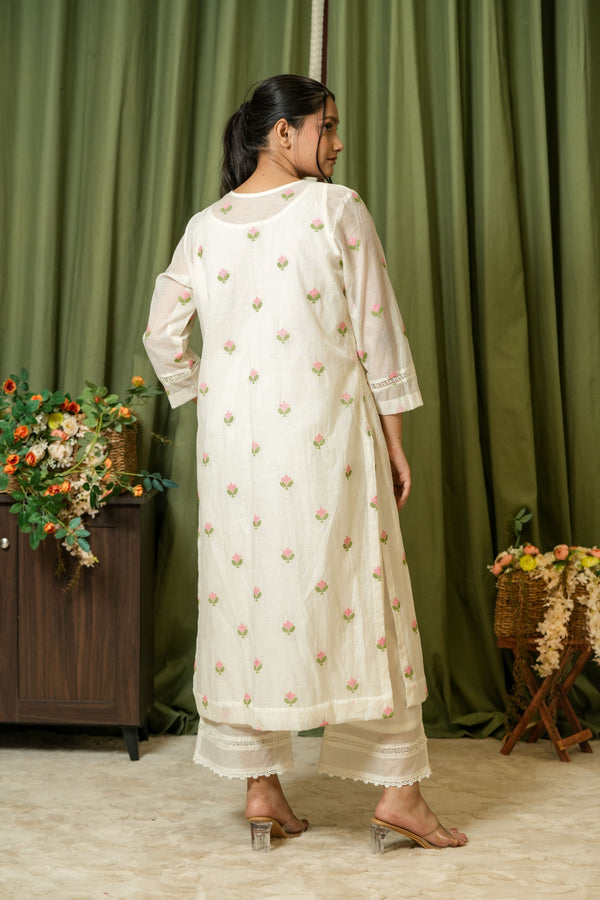 Ivory Floral Embroidered Kurta Set - Front View
