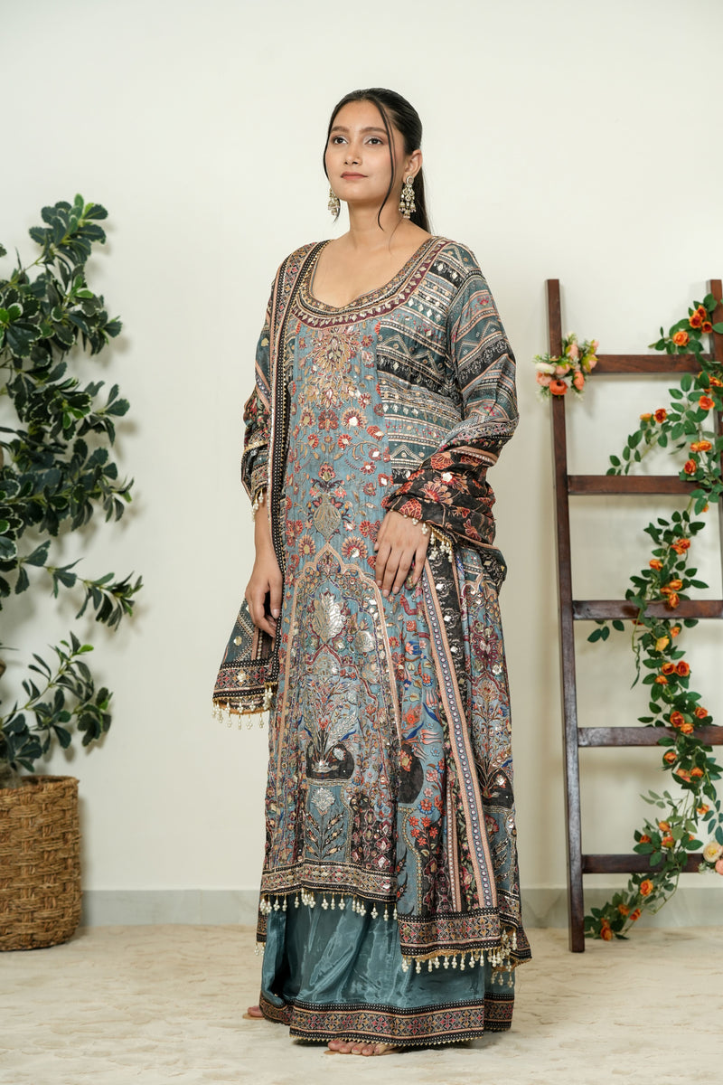 Teal Floral Printed Kurta Set - Front View