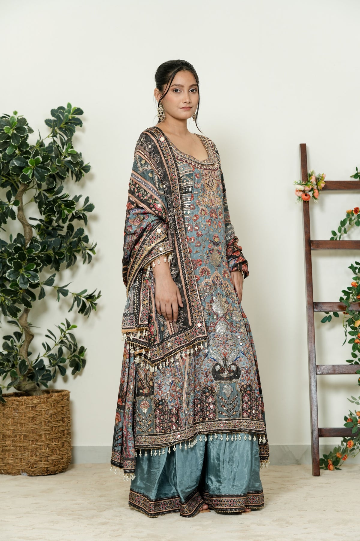 Teal Floral Printed Kurta Set - Side View