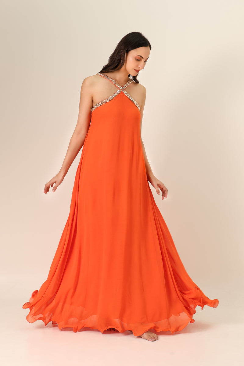 Orange Embellished Cross-Halter Maxi Gown