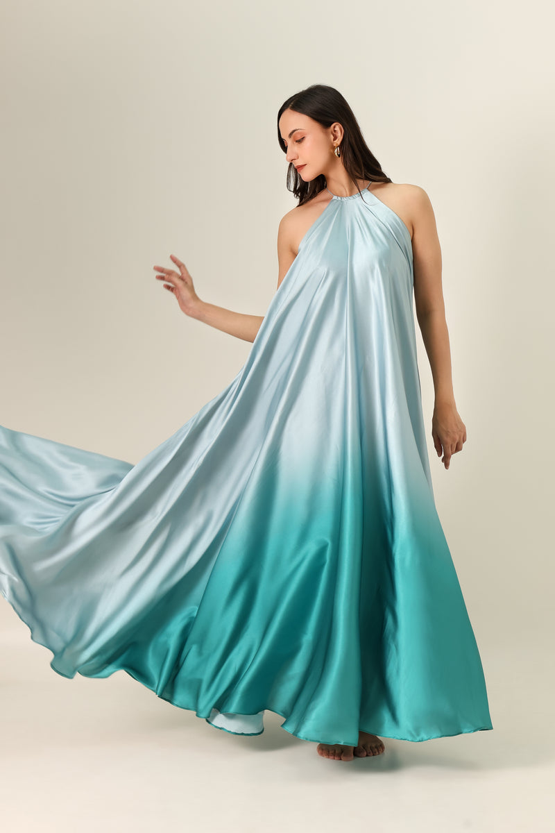 Mint to Teal Ombré Satin Halter Neck Maxi Gown