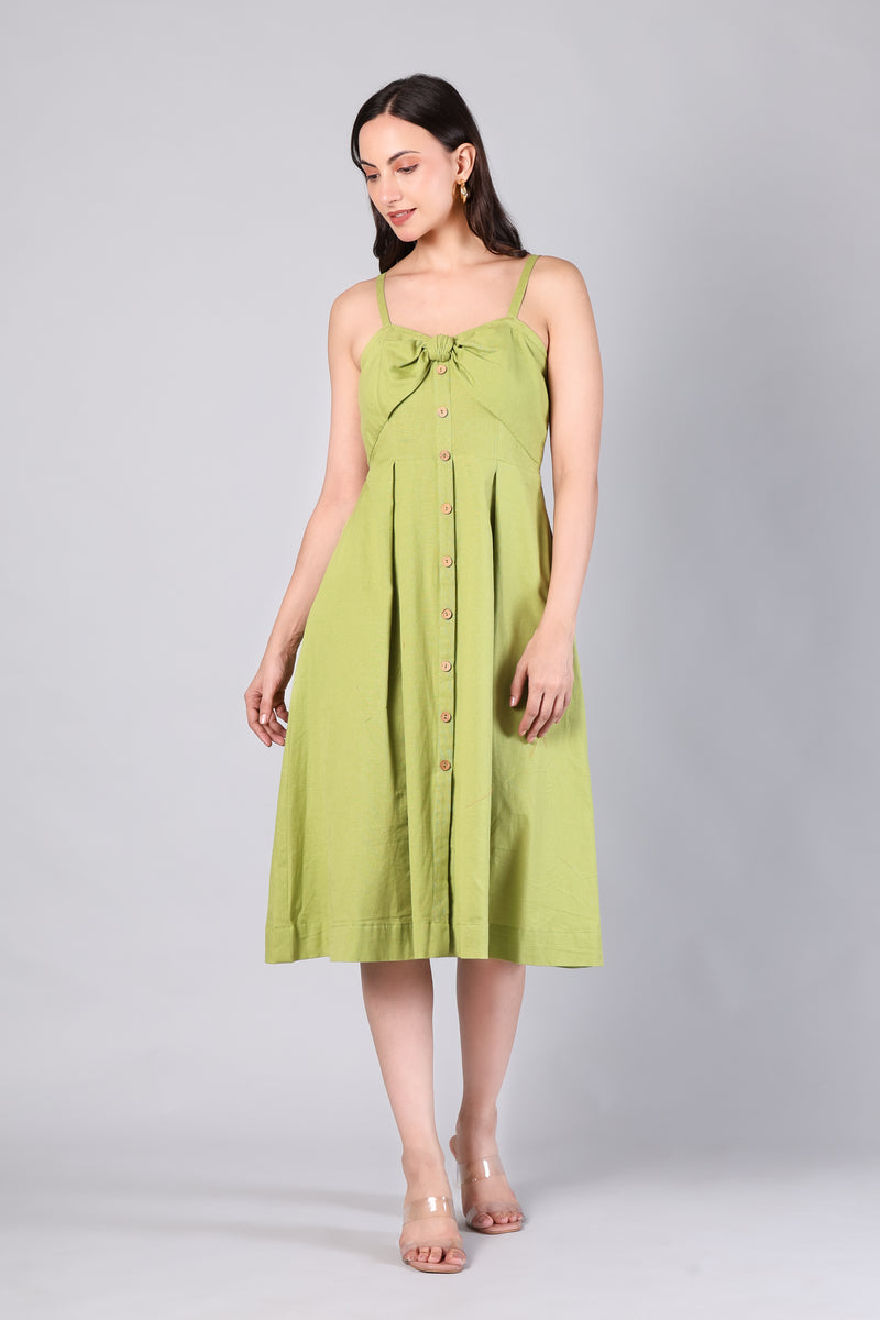 Pistachio Green Bow-Front Button Midi Dress