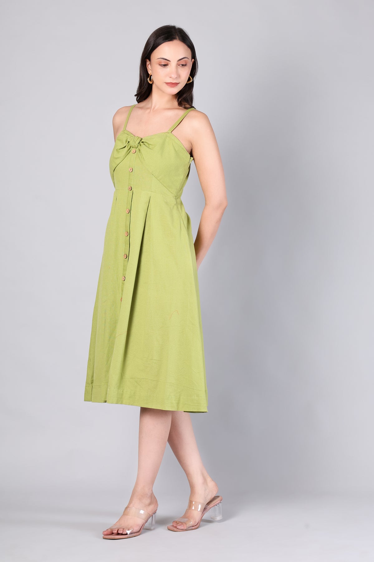 Pistachio Green Bow-Front Button Midi Dress