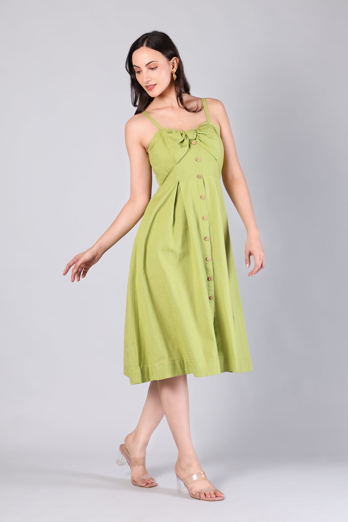 Pistachio Green Bow-Front Button Midi Dress