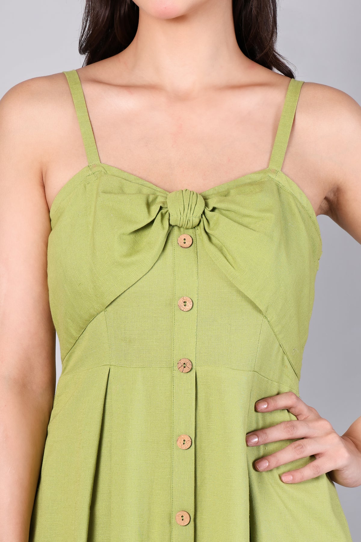 Pistachio Green Bow-Front Button Midi Dress