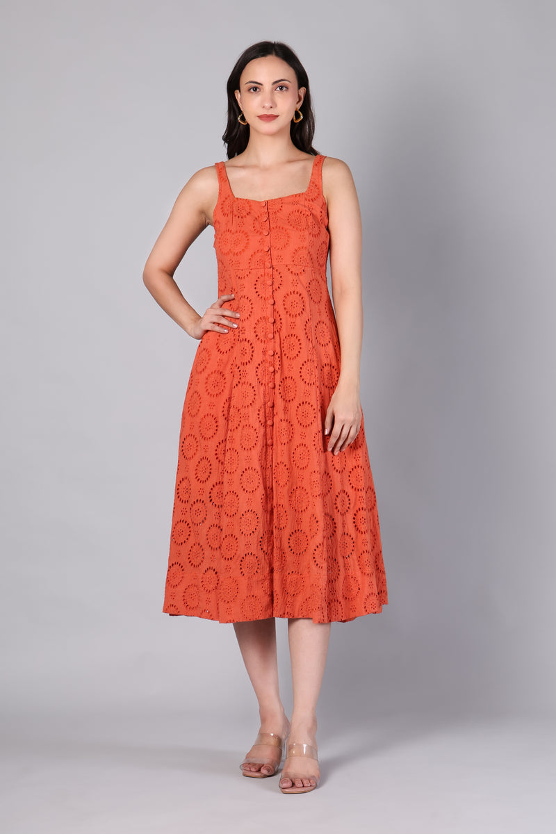 Orange Schiffli Embroidered Midi Dress