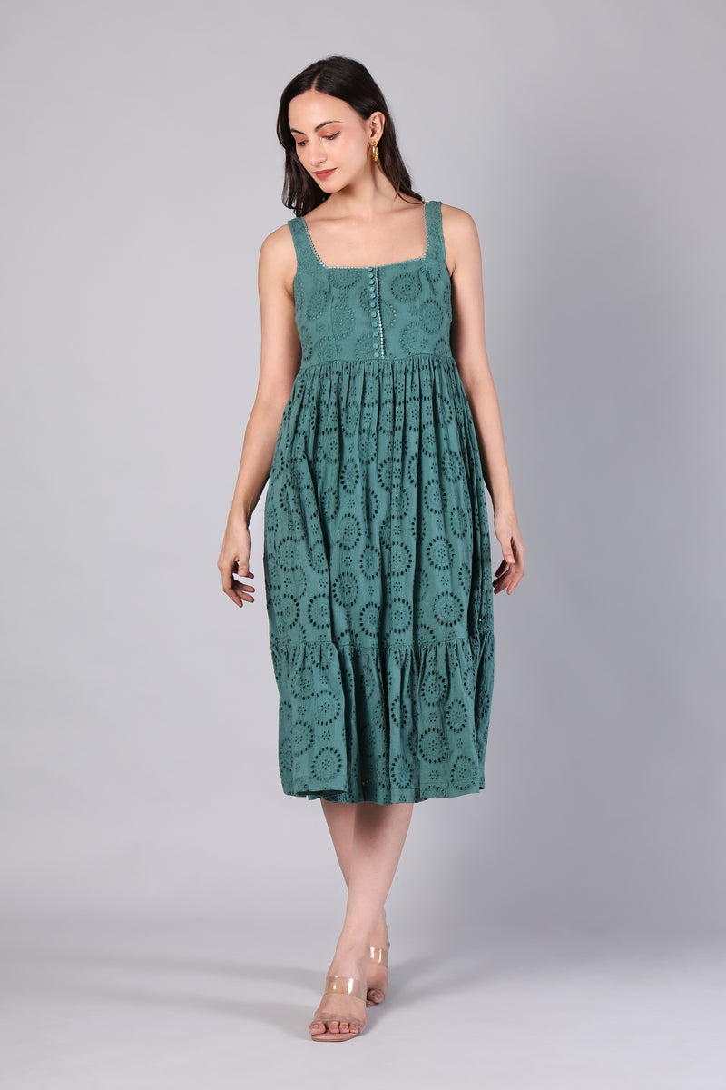 Teal Schiffli Eyelet Cotton Tiered Midi Dress