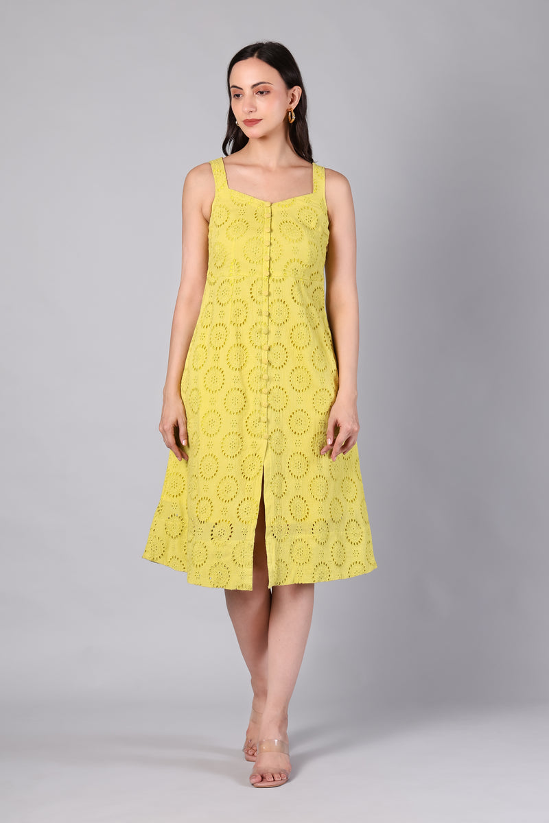 Yellow Schiffli Eyelet Cotton A-Line Midi Dress