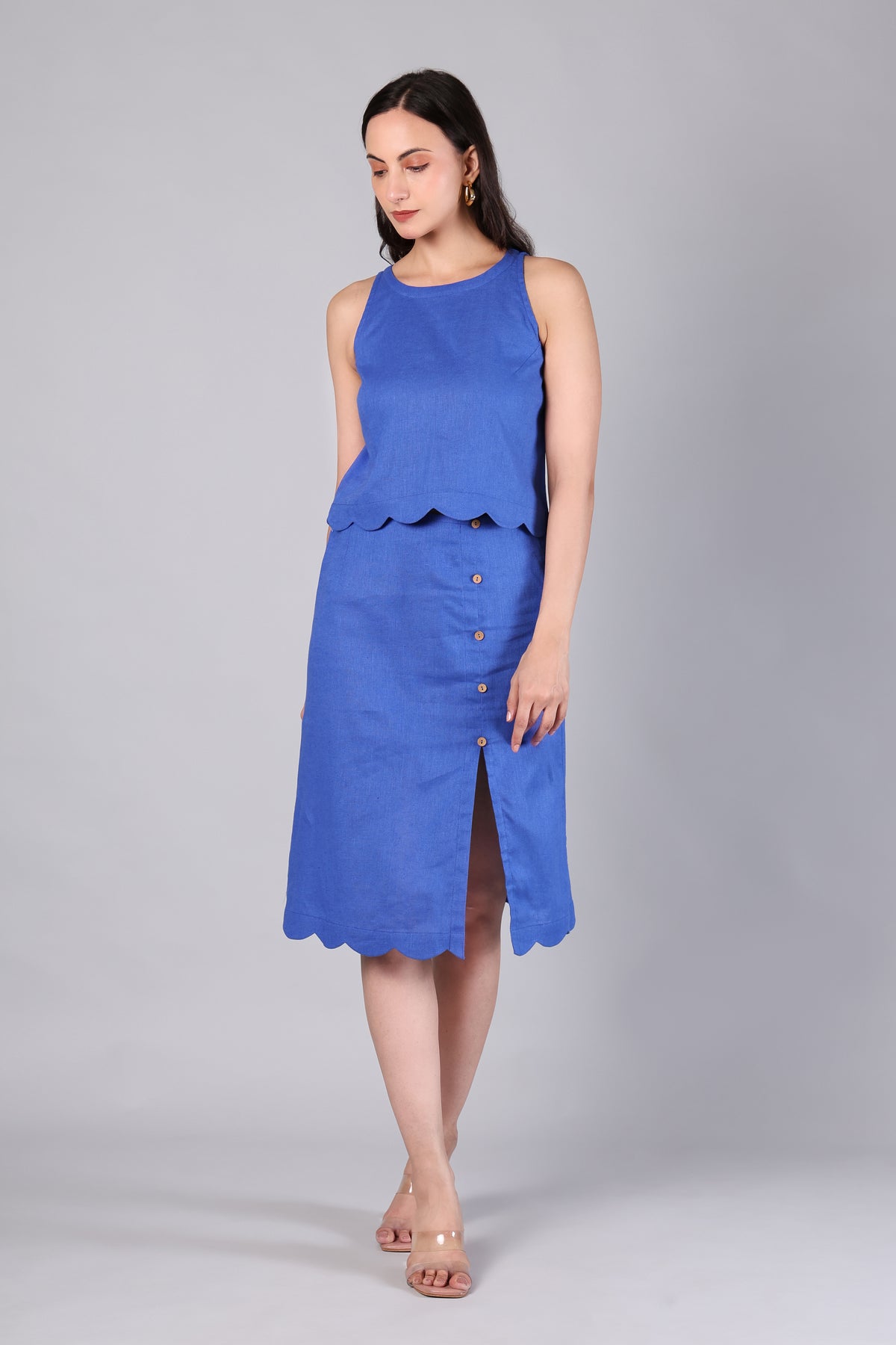 Cobalt Blue Scalloped Top & Midi Skirt Co-ord Set