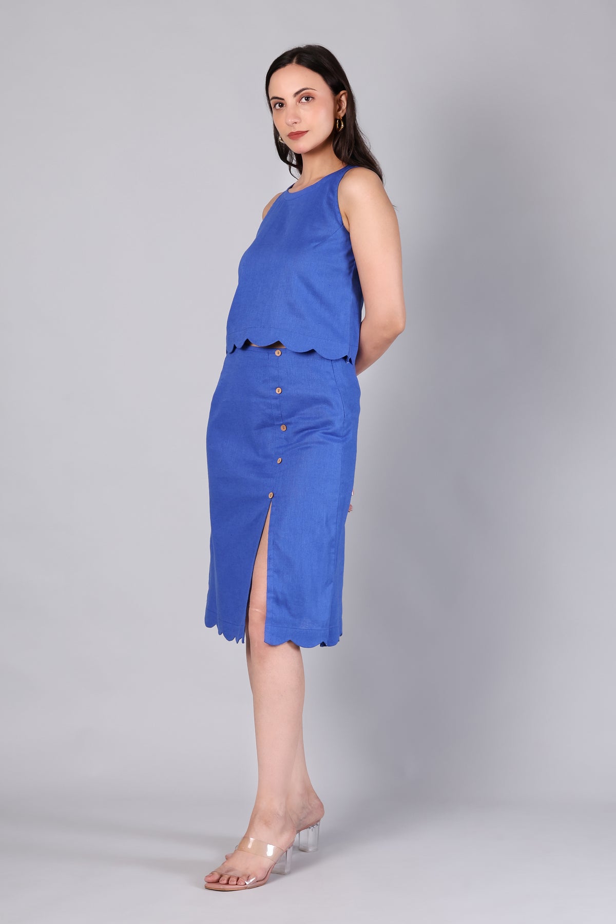 Cobalt Blue Scalloped Top & Midi Skirt Co-ord Set
