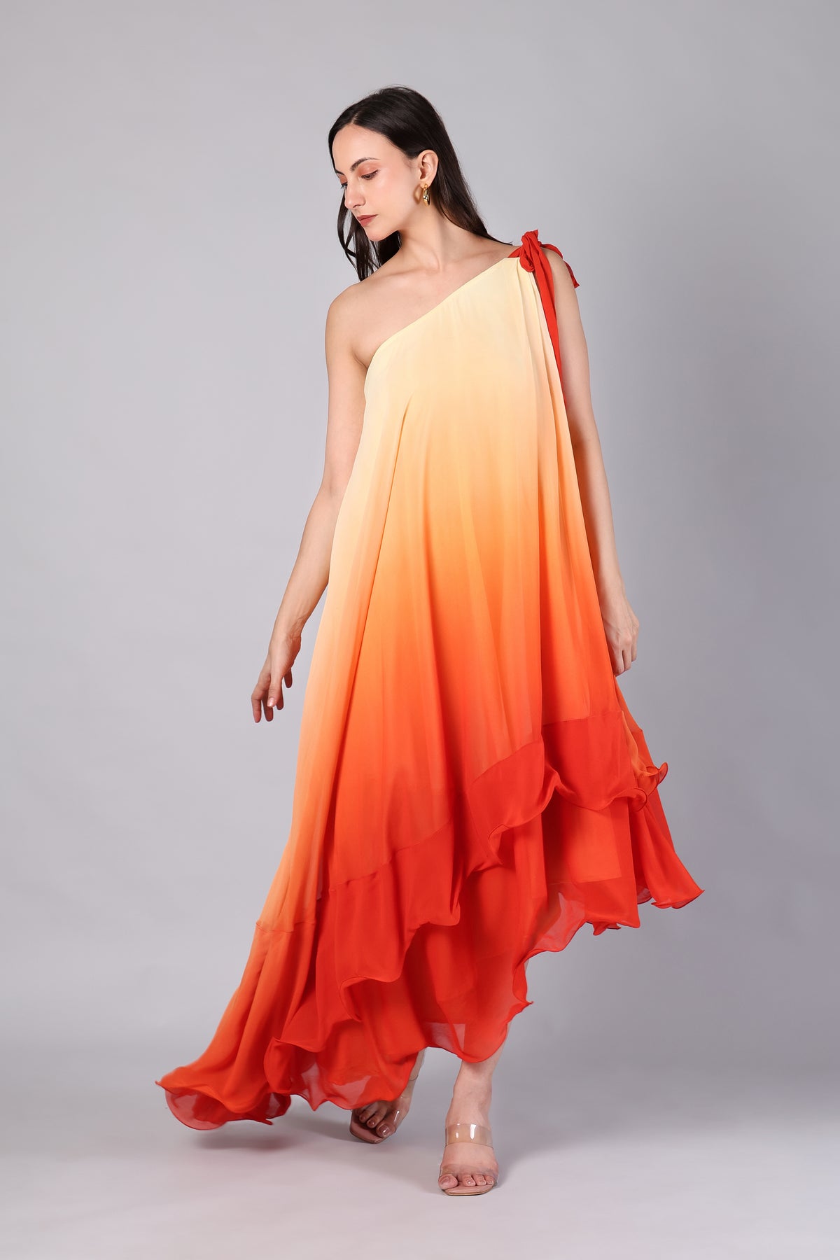 Sunset Ombré One-Shoulder Ruffle Maxi Dress