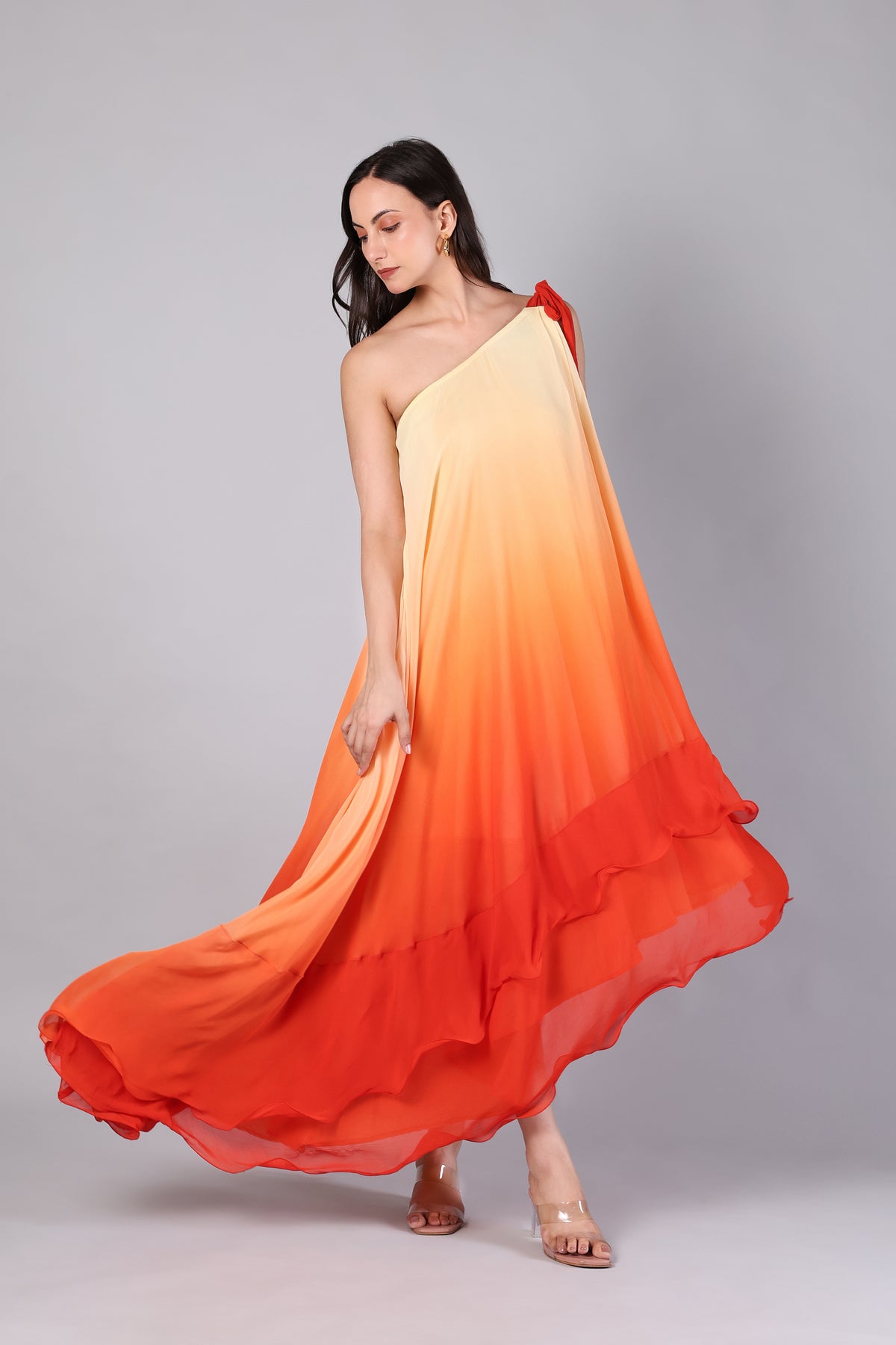 Sunset Ombré One-Shoulder Ruffle Maxi Dress