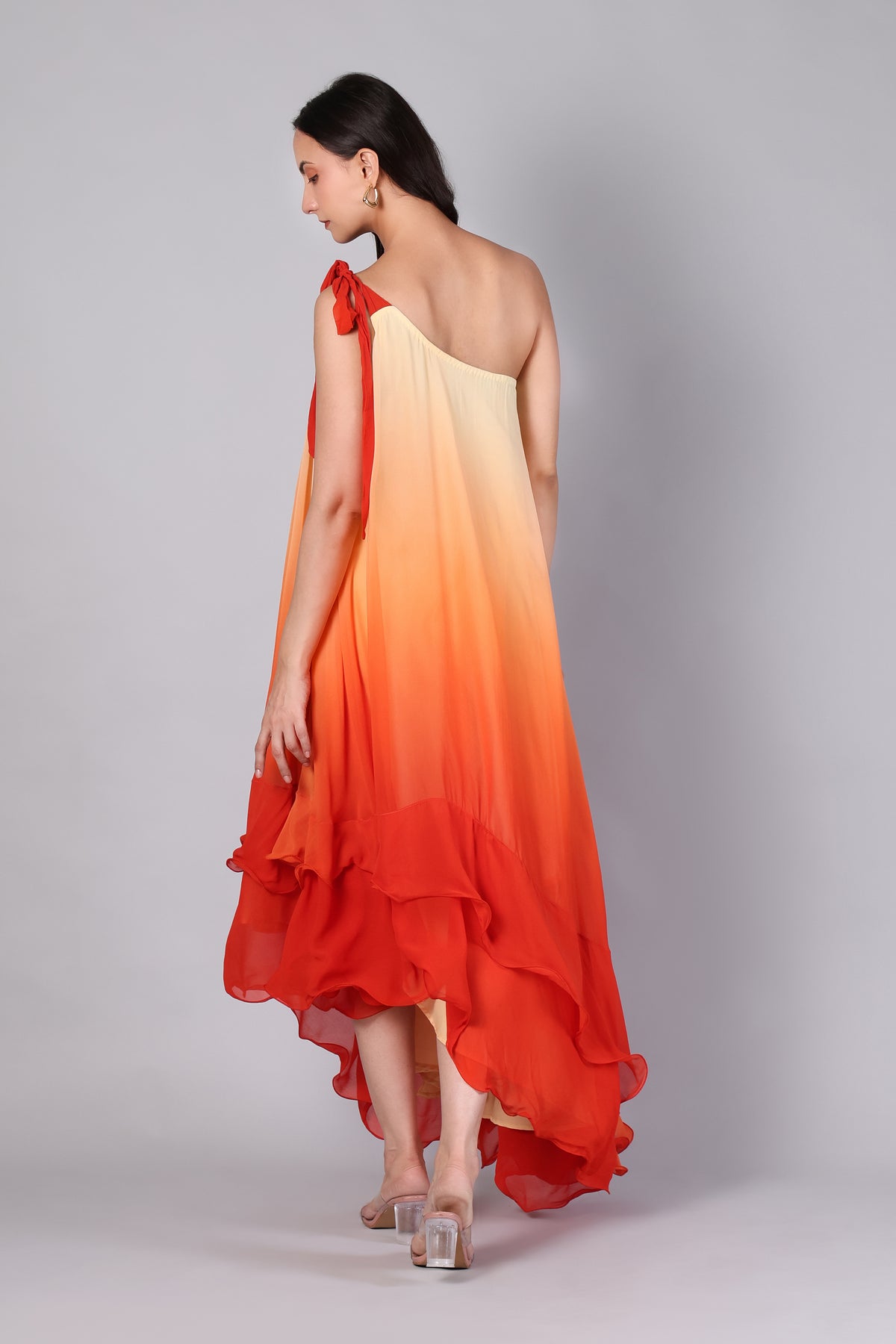 Sunset Ombré One-Shoulder Ruffle Maxi Dress