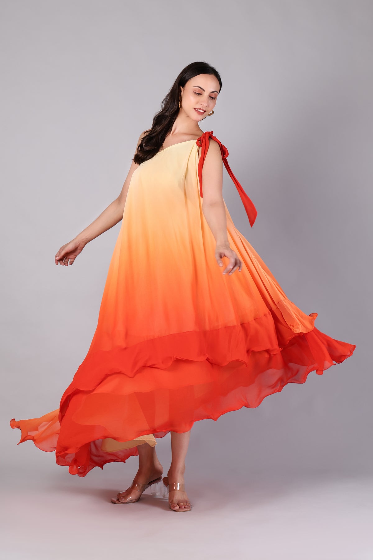 Sunset Ombré One-Shoulder Ruffle Maxi Dress