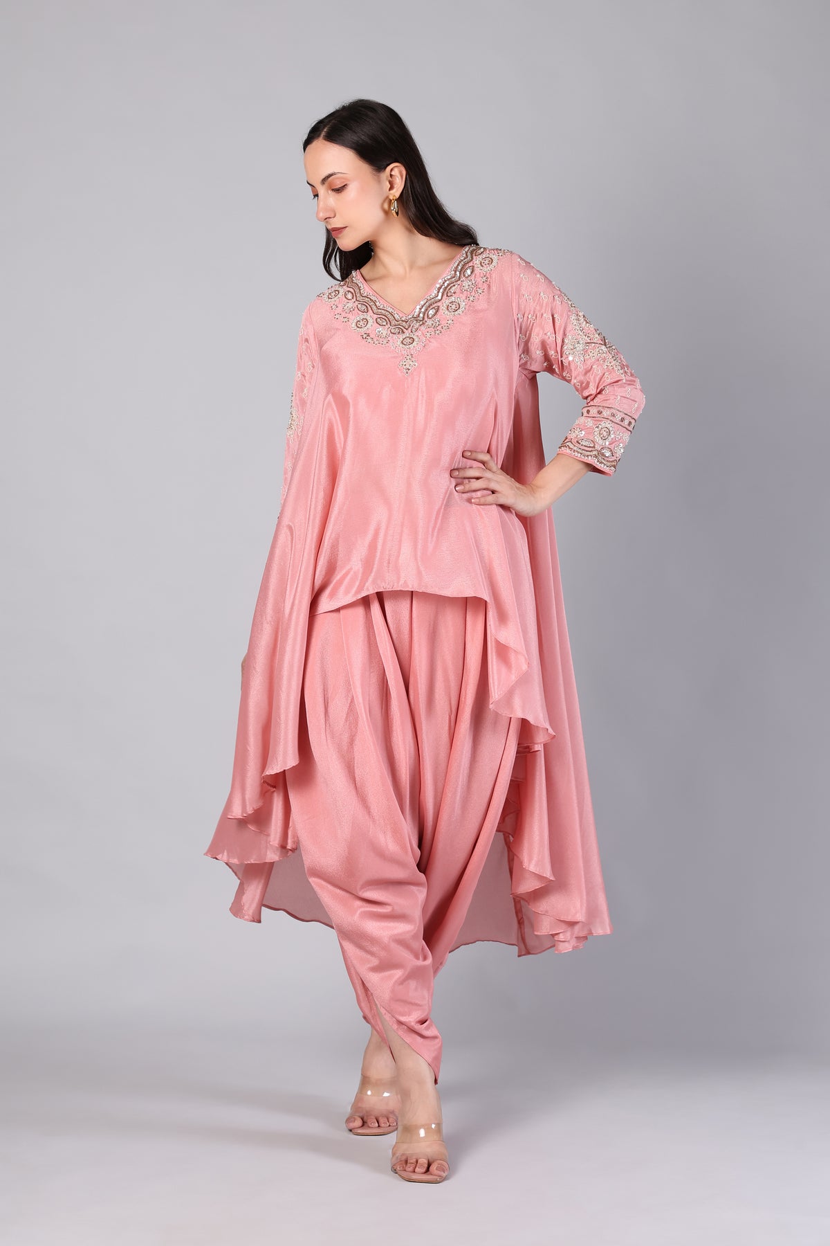Blush Pink Embellished Asymmetric Tunic & Pants Set