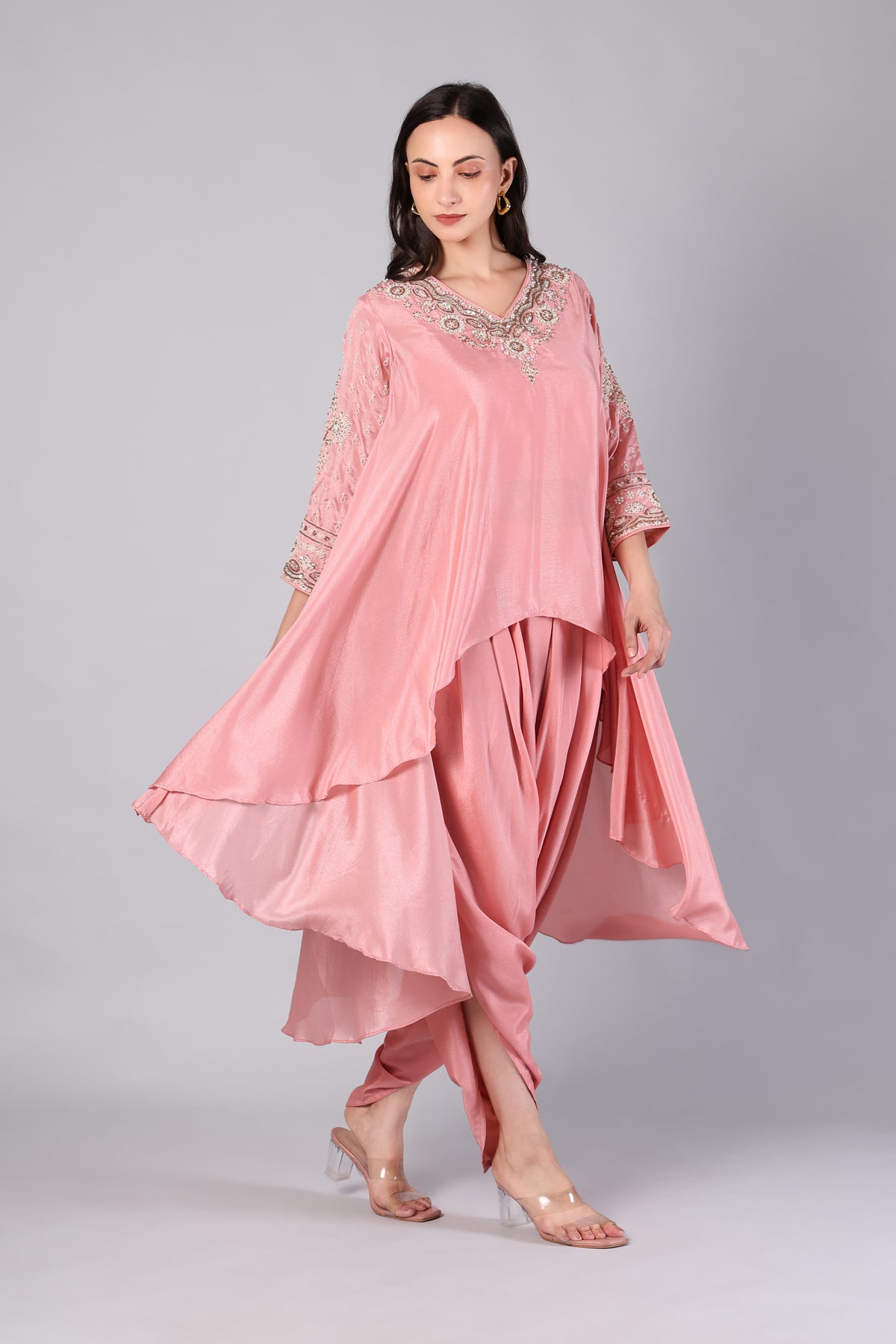 Blush Pink Embellished Asymmetric Tunic & Pants Set