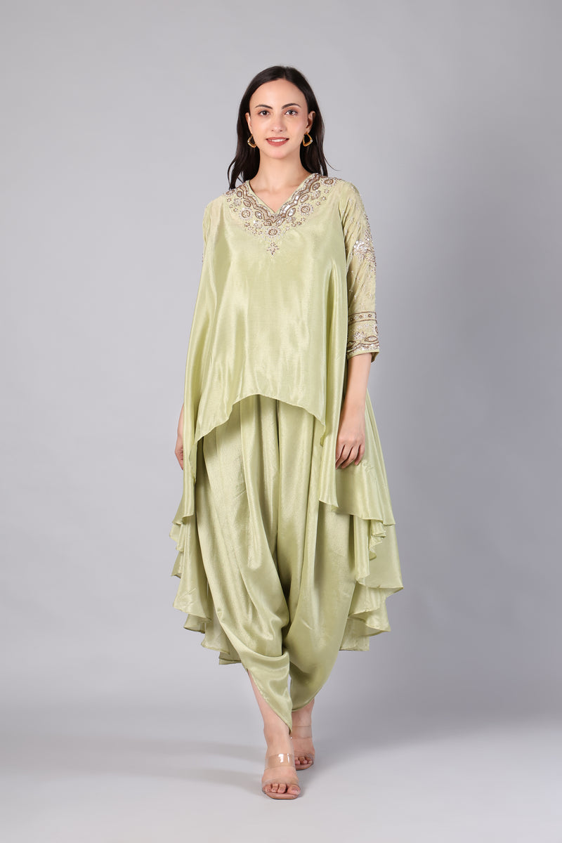 Pistachio Green Layered Kurti with Dhoti Pants Set