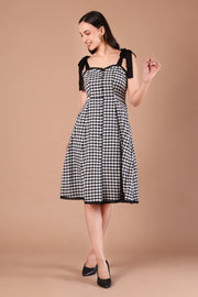 Black & White Gingham Check A-Line Midi Dress with Bow Straps