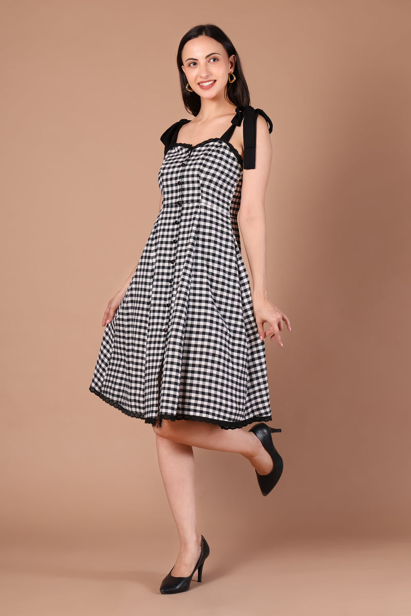 Black & White Gingham Check A-Line Midi Dress with Bow Straps