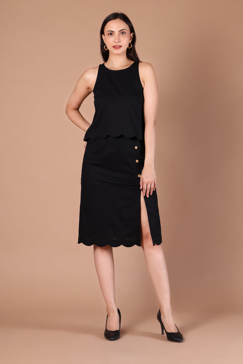 Black Scalloped Top & Button-Detail Midi Skirt Co-ord Set
