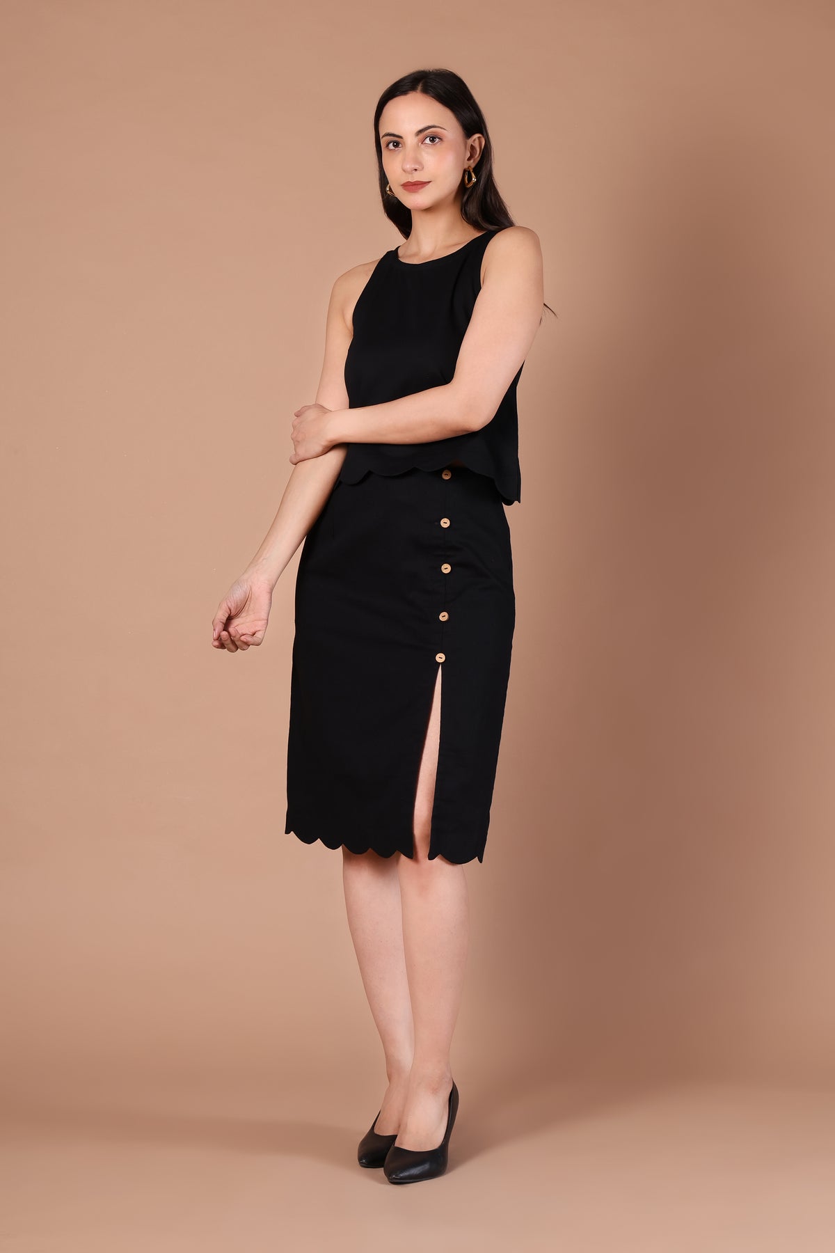 Black Scalloped Top & Button-Detail Midi Skirt Co-ord Set