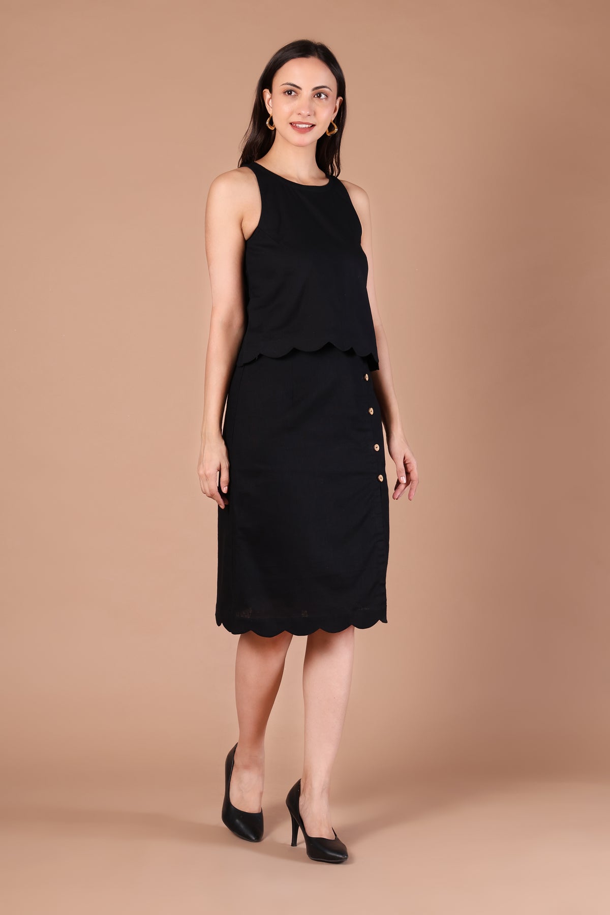 Black Scalloped Top & Button-Detail Midi Skirt Co-ord Set