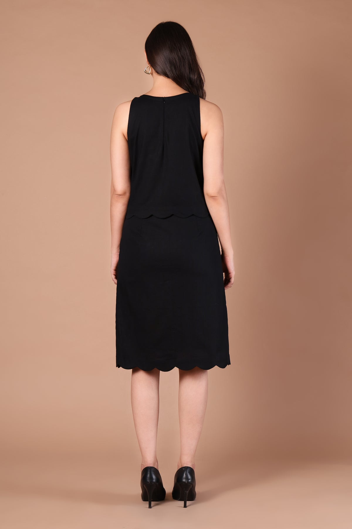 Black Scalloped Top & Button-Detail Midi Skirt Co-ord Set