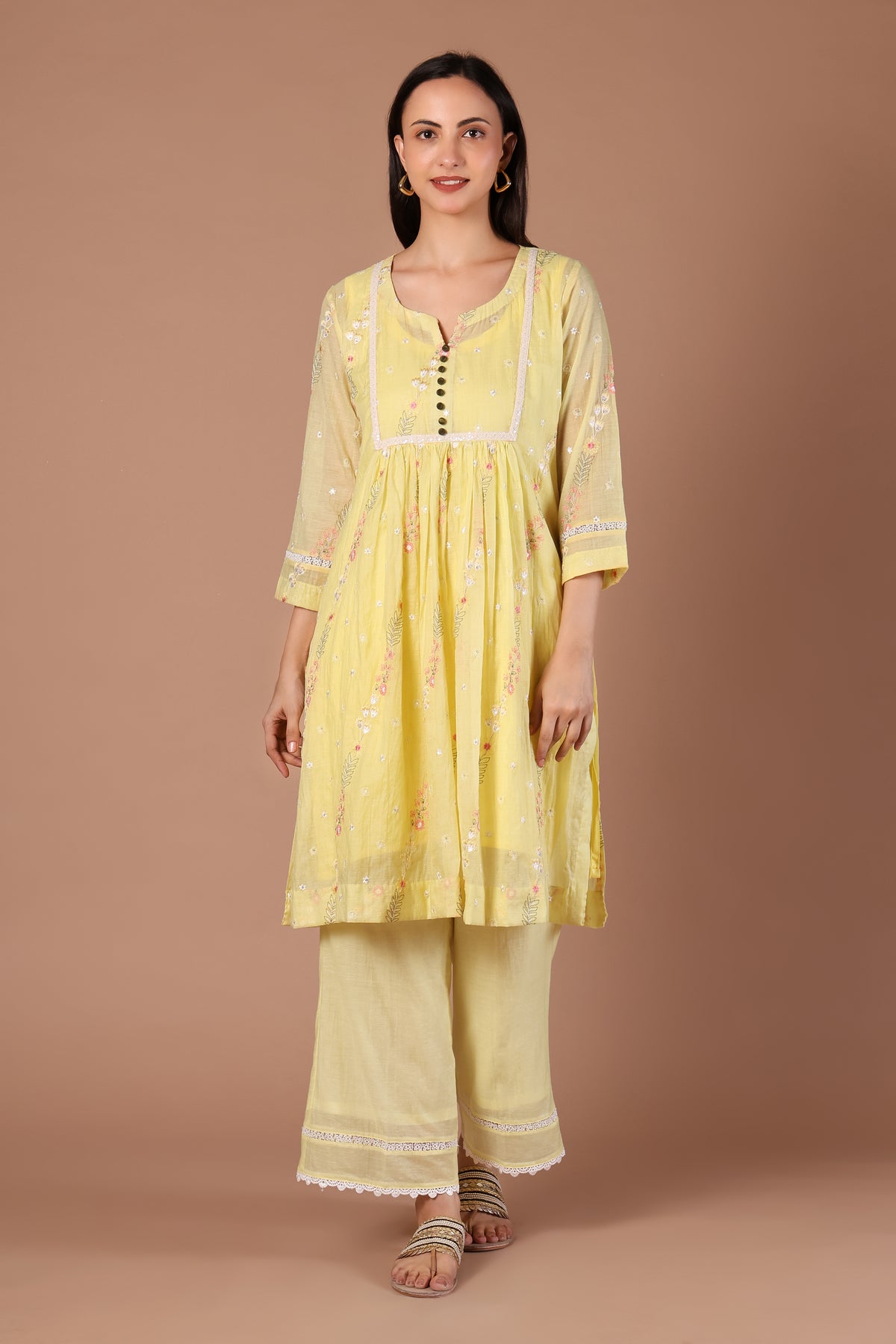 Butter Yellow Floral Kurta & Wide-Leg Palazzo Set