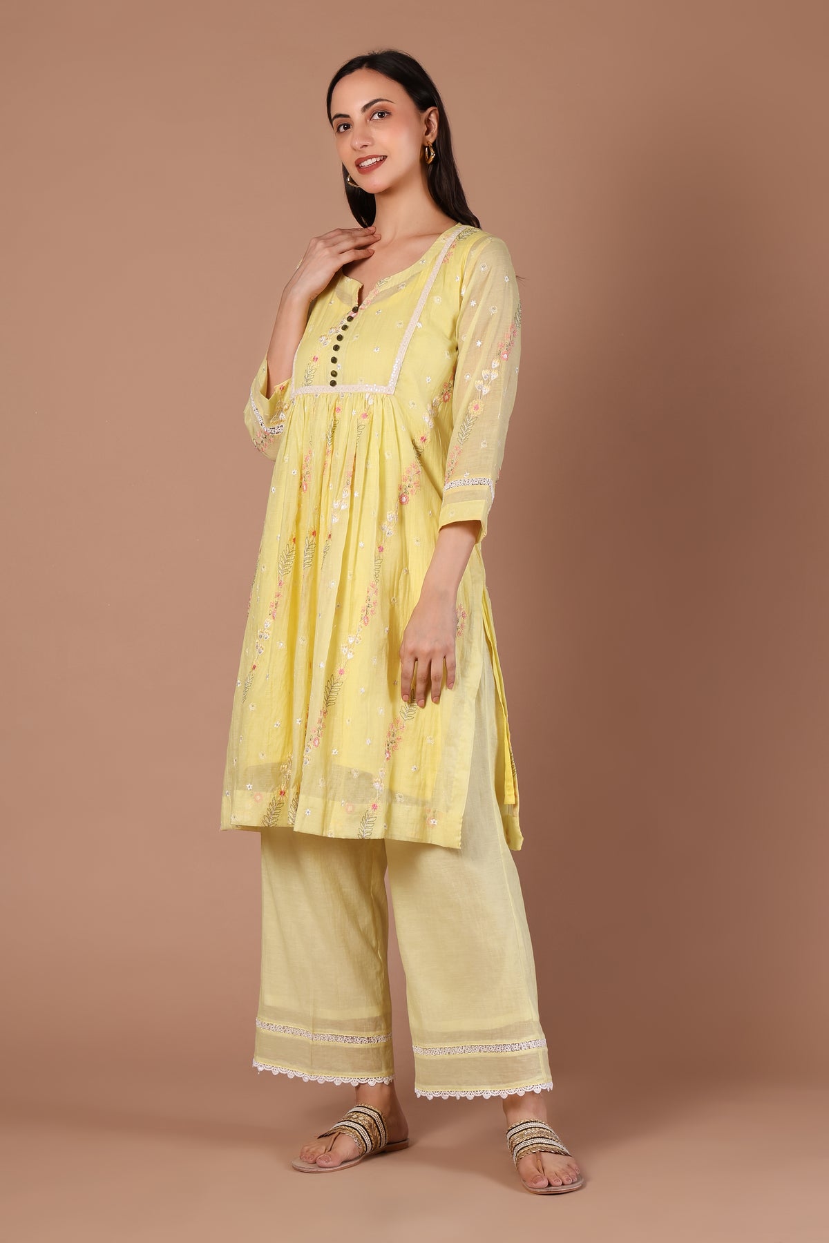 Butter Yellow Floral Kurta & Wide-Leg Palazzo Set