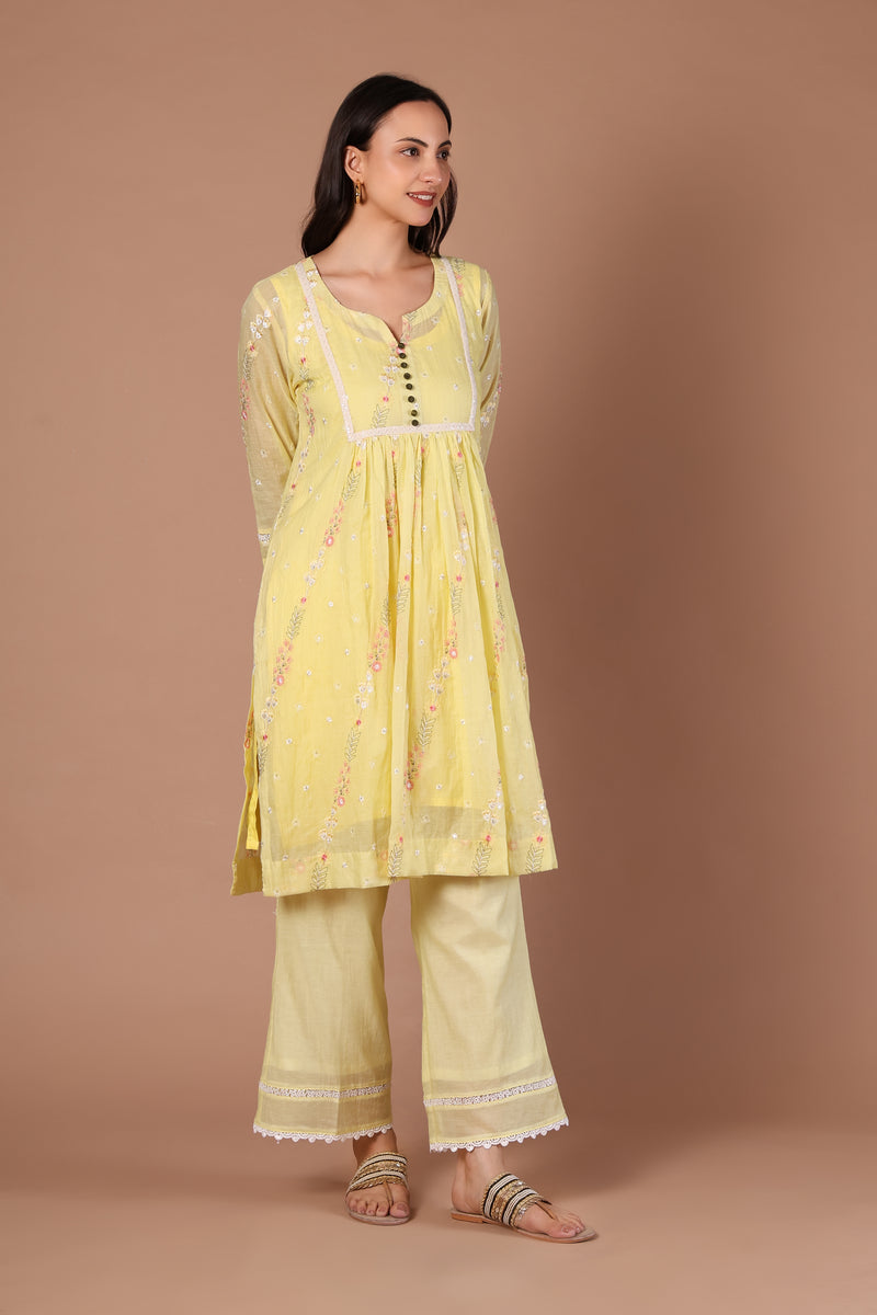 Butter Yellow Floral Kurta & Wide-Leg Palazzo Set