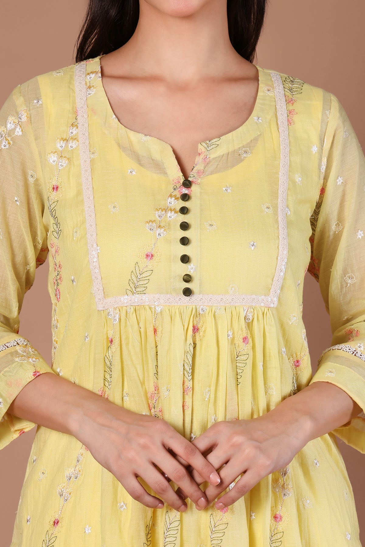 Butter Yellow Floral Kurta & Wide-Leg Palazzo Set