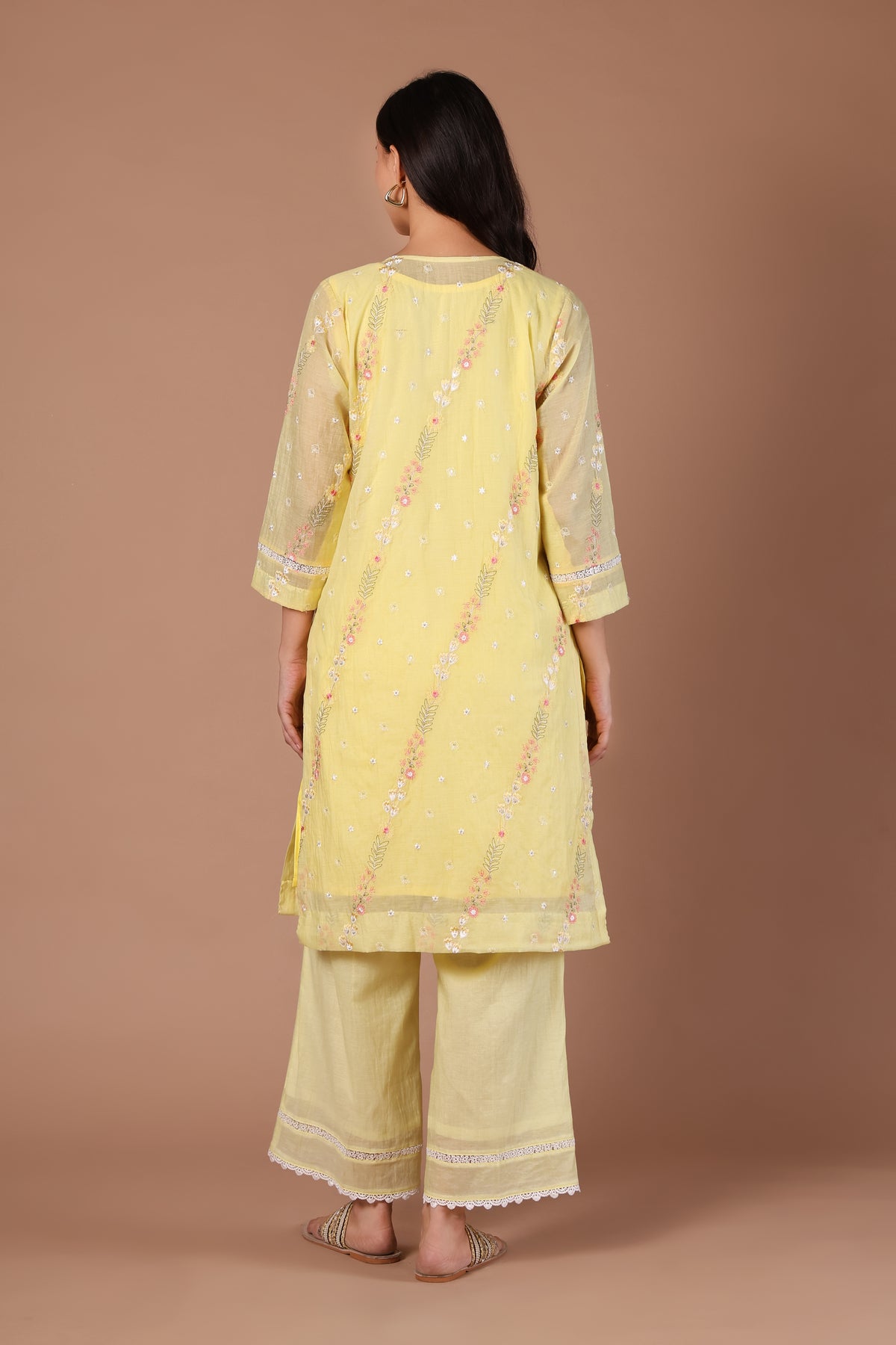 Butter Yellow Floral Kurta & Wide-Leg Palazzo Set