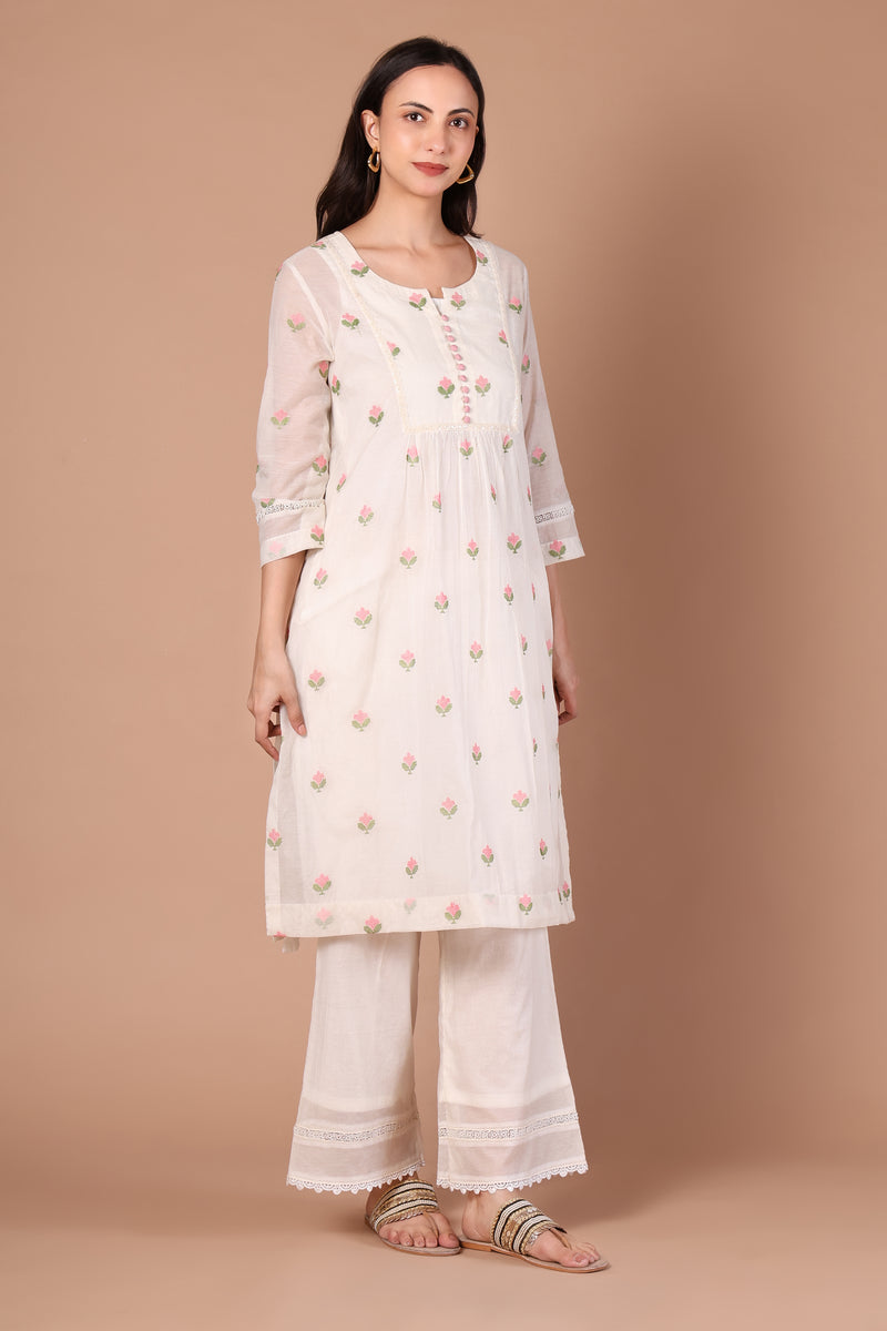 Ivory Floral Embroidered Kurta Set with Palazzo Pants
