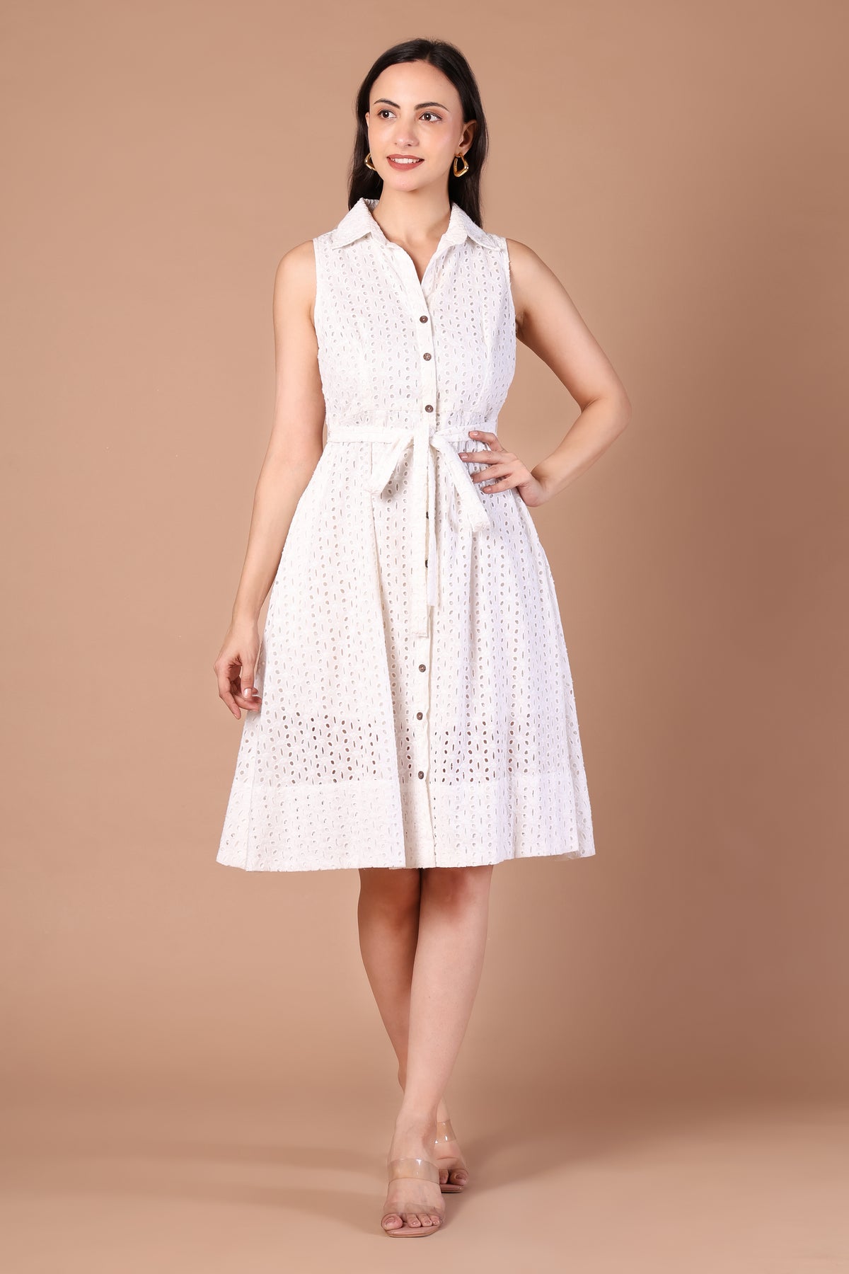 Ivory Eyelet Sleeveless Belted Shirt Dress