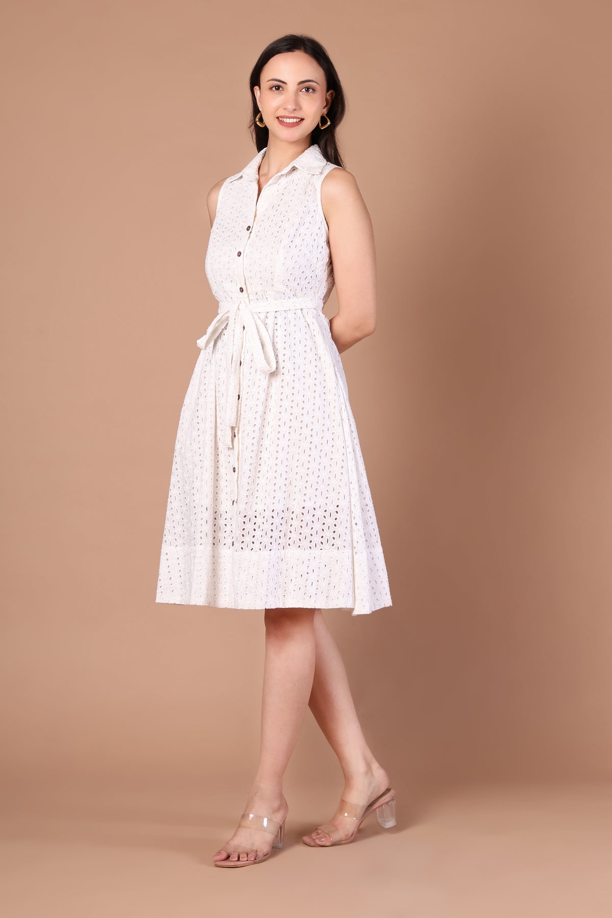 Ivory Eyelet Sleeveless Belted Shirt Dress