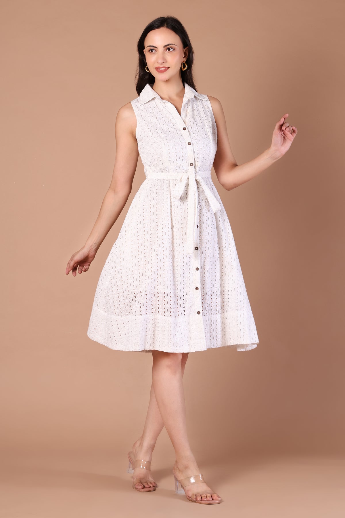 Ivory Eyelet Sleeveless Belted Shirt Dress