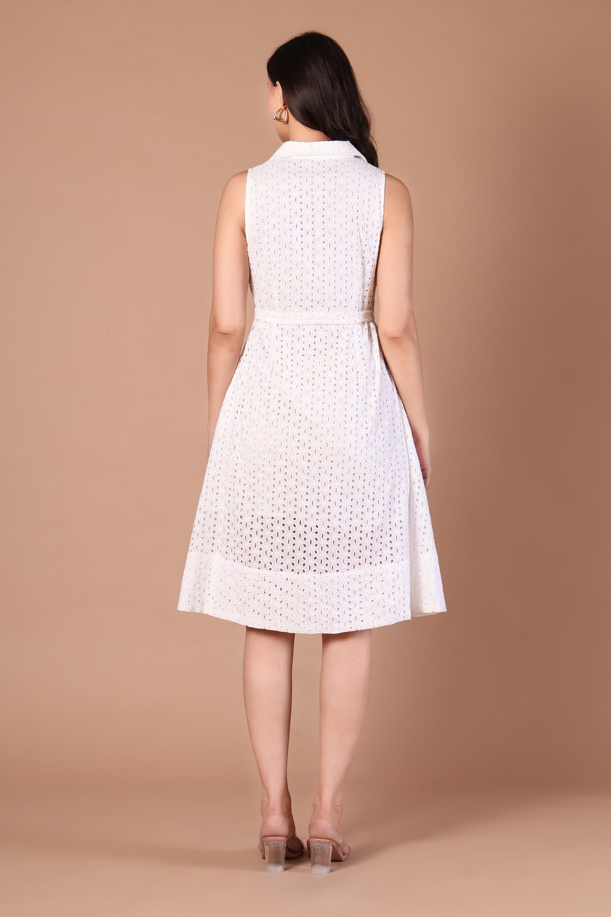 Ivory Eyelet Sleeveless Belted Shirt Dress