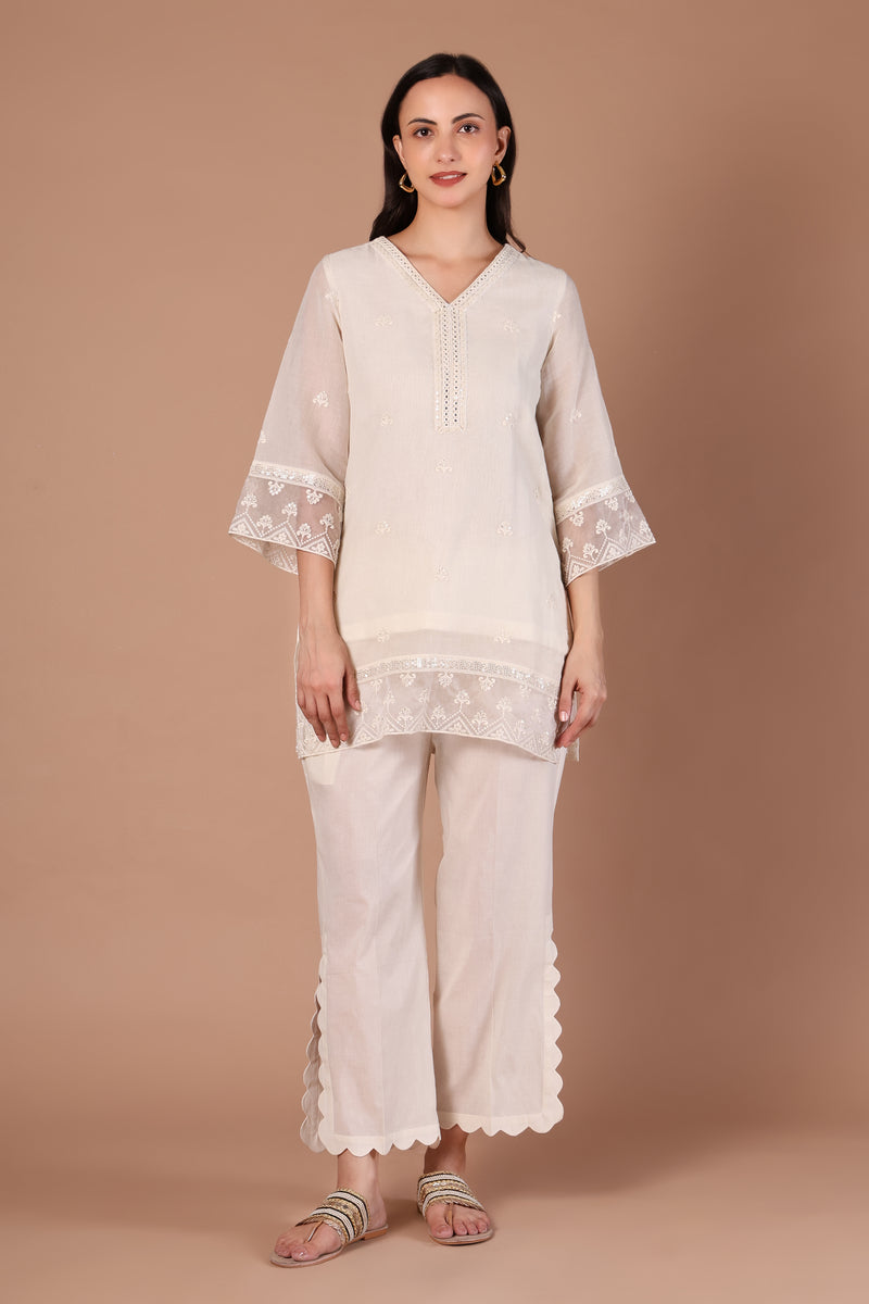 Ivory Mirror Work Chikankari Kurta Set with Scalloped Palazzo