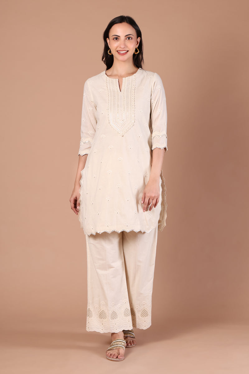 Ivory Schiffli Embroidered Kurta with Palazzo Set