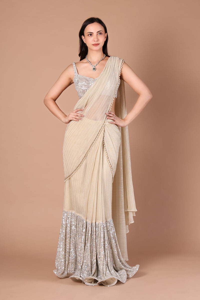Ivory Sequin Pre-Draped Saree with Lehenga Skirt
