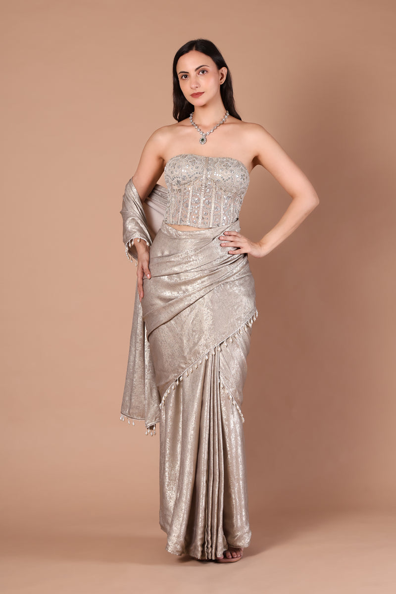 Silver Grey Embroidered Saree with Pearl Border