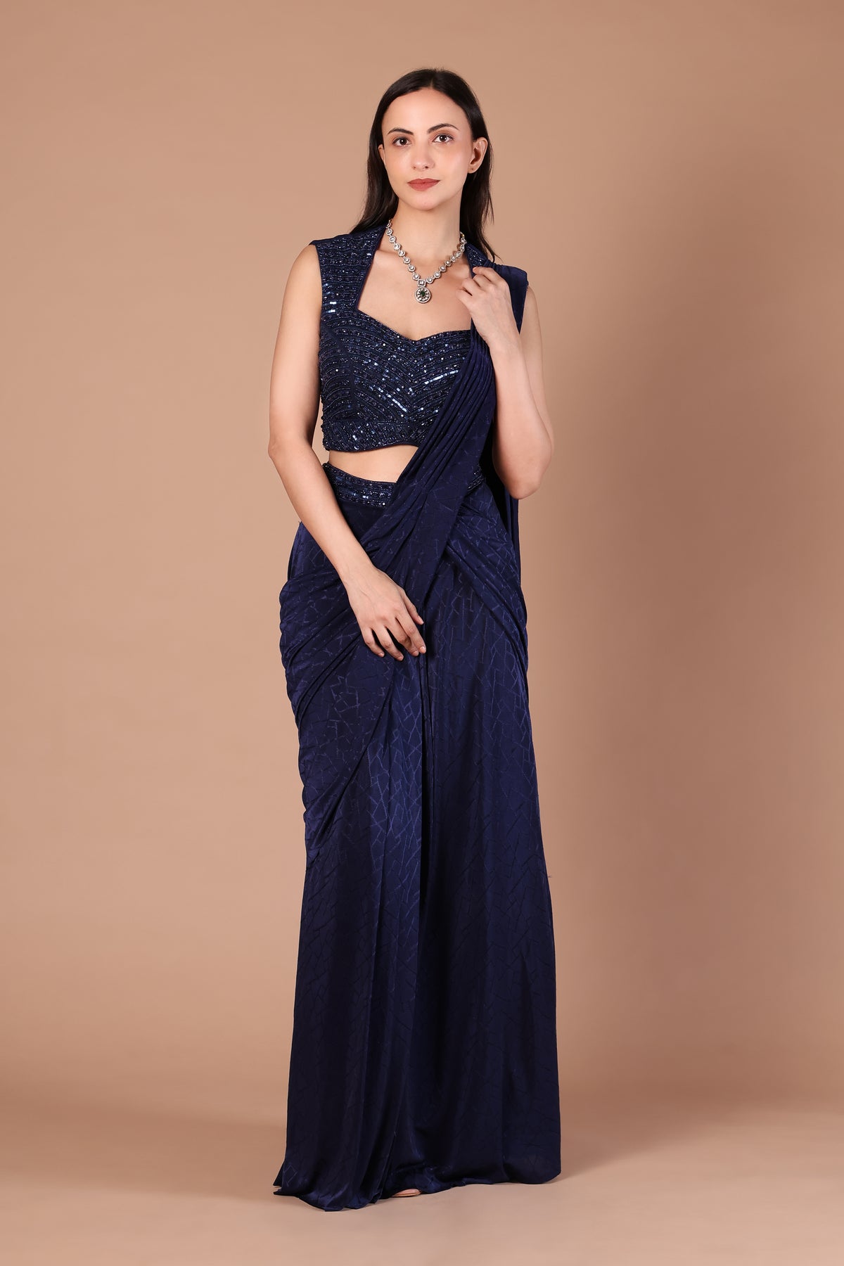 Navy Blue Sequinned Blouse & Draped Saree Set
