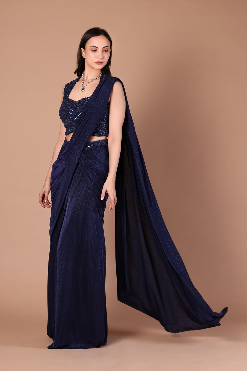 Navy Blue Sequinned Blouse & Draped Saree Set