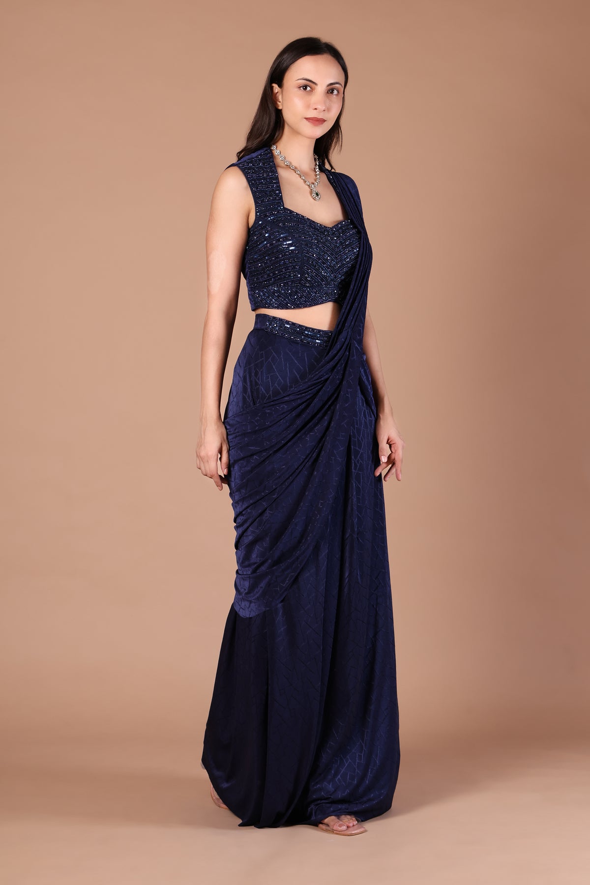 Navy Blue Sequinned Blouse & Draped Saree Set