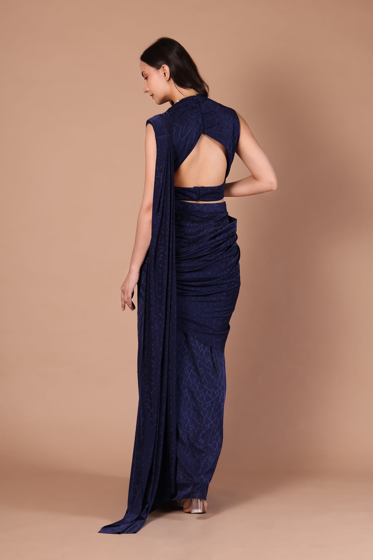 Navy Blue Sequinned Blouse & Draped Saree Set