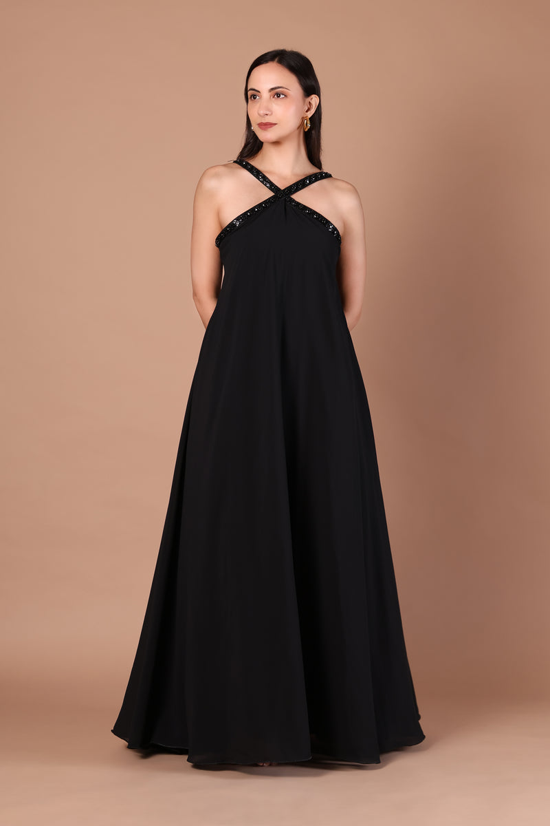 Black Chiffon Cross-Halter Neck Maxi Gown with Embellished Straps
