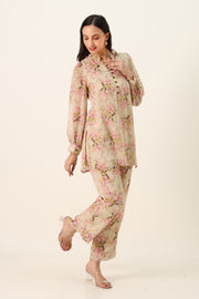 Cream Floral Print Chiffon Kurta & Straight Pants Co-ord Set
